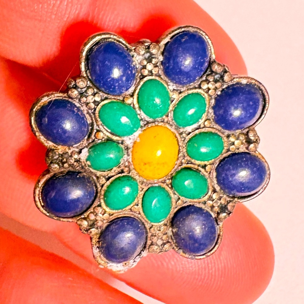 Vintage silver tone Blue and Green Floral Brooch